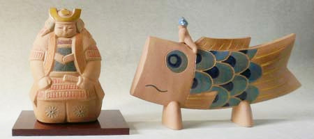 陶器の五月人形、武者童子（大）鯉のぼり（大）でセット